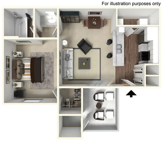 3D floor plan showcasing a one-bedroom layout with open-concept living and dining areas, plus a modern kitchen.
