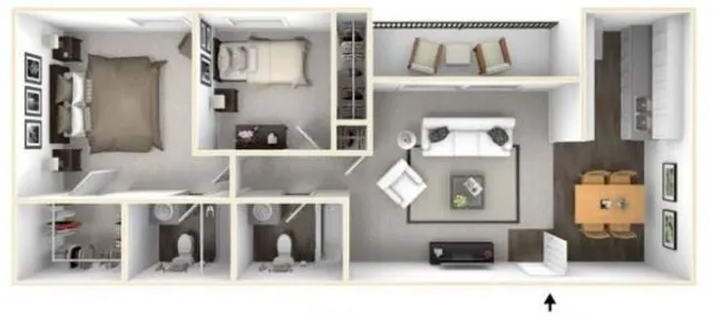 Elegant 3D floor plan showcasing 2 spacious bedrooms, modern bathrooms, a cozy living room, and a stylish dining area with an open kitchen layout.