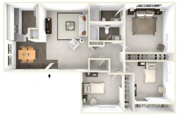 Contemporary floor plan featuring 3 elegant bedrooms, modern kitchen, inviting living room, and two stylish bathrooms.