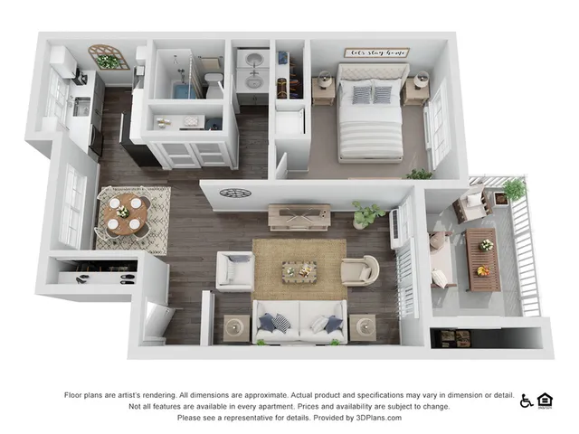 Charming 3D floor plan showcasing a cozy one-bedroom apartment, featuring an open-concept living area, modern kitchen, and private balcony for relaxation.