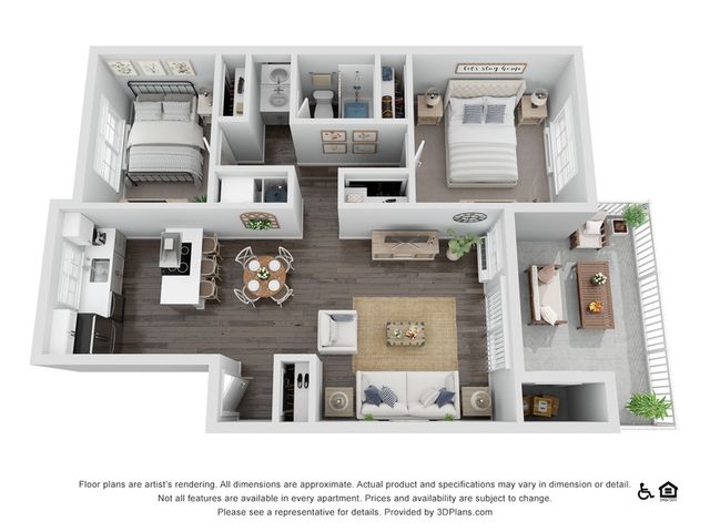 Chic 3D floor plan showcasing 2 bedrooms, open kitchen with island seating, cozy living room, and private balcony in a modern, inviting layout.
