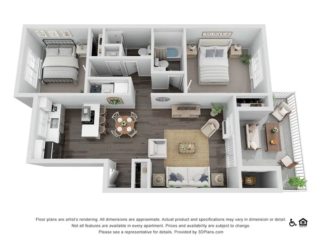 Contemporary 3D floor plan showcasing 2 spacious bedrooms, elegant open-concept living and dining area, modern kitchen, and inviting balcony for relaxation.