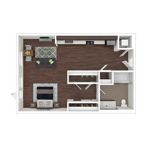 Modern 1 bedroom floor plan showcasing elegant living area, sleek kitchen, and contemporary bathroom, perfect for stylish living.
