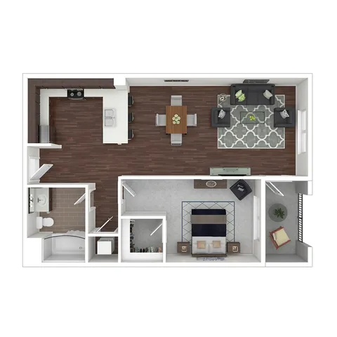 Modern 1-bedroom floor plan showcasing an open-concept kitchen and living area, elegant wooden flooring, and a sleek bathroom design.