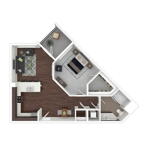 Innovative triangular floor plan with a cozy bedroom, stylish kitchen, elegant living area, and modern bathroom.