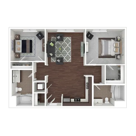 Contemporary 2D floor plan with 2 cozy bedrooms, sleek kitchen, and inviting living area featuring hardwood floors.
