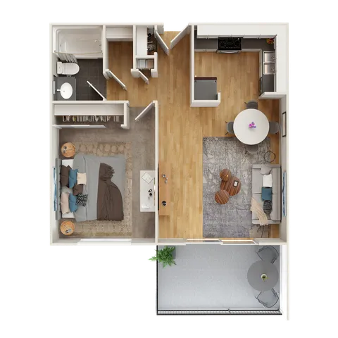Modern 3D floor plan showcasing an open-concept living space with a cozy bedroom, stylish kitchen, and inviting living room, complete with a balcony offering fresh outdoor vibes.