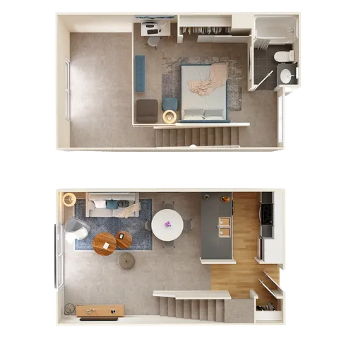 Modern two-level floor plan featuring a cozy bedroom, stylish bathroom, and open-concept living area with kitchen and dining on the lower level.