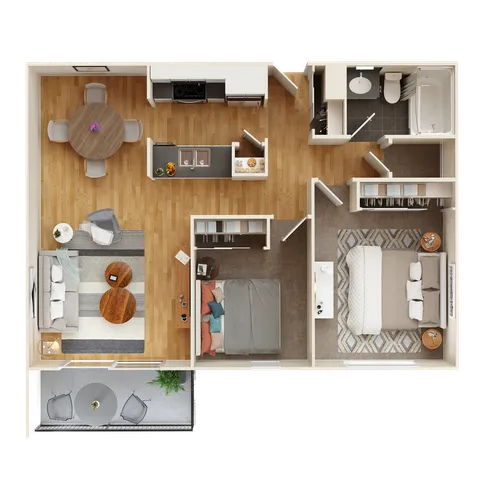 Modern 3D floor plan showcasing 2 bedrooms, a spacious living area, a contemporary kitchen, and a stylish balcony. Ideal for comfortable living.