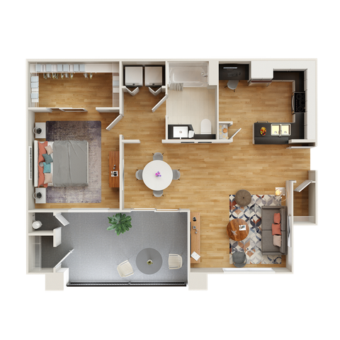 Modern 1-bedroom floor plan featuring an open-concept layout with a stylish kitchen, cozy living area, and spacious balcony.
