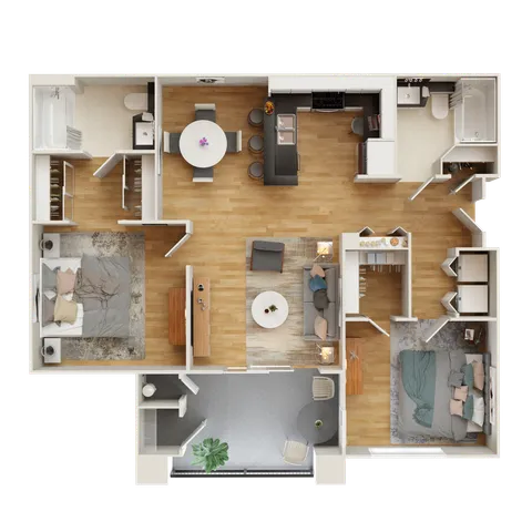 Modern apartment floor plan showcasing 2 cozy bedrooms, an open-concept kitchen, and a stylish living area with hardwood floors.