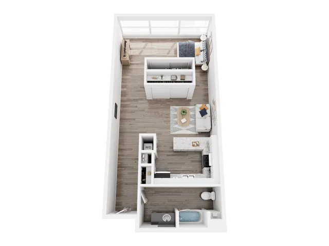 Contemporary open-concept floor plan featuring a cozy bedroom, modern kitchen, inviting living area, and compact bathroom with in-unit washer and dryer.