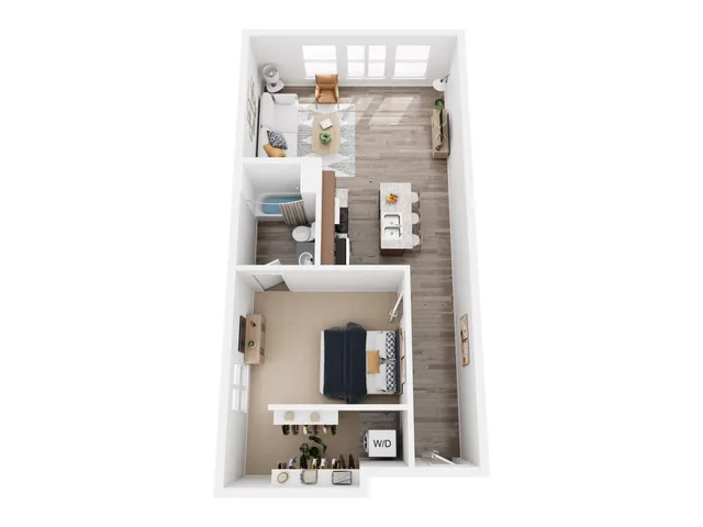 Modern floor plan showcasing a cozy 1-bedroom apartment with open-concept living area, stylish kitchen island, and wood flooring.
