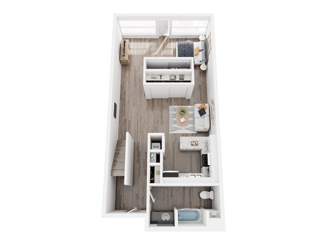 Modern studio apartment floor plan featuring an open-concept kitchen, cozy living area, and a stylish bedroom with natural light.