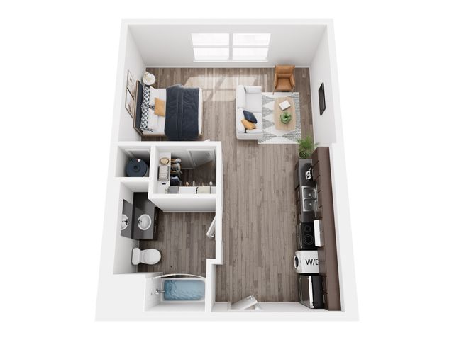 Modern studio apartment 3D layout featuring an open living area, stylish bedroom, and sleek kitchen.
