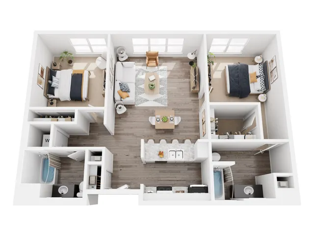 Modern 2D floor plan featuring 2 stylish bedrooms, an open living area, chic kitchen with breakfast bar, and sleek bathroom.