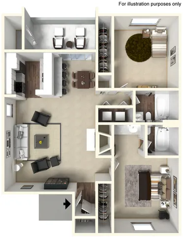 Chic 3D floor plan showcasing a modern apartment with two bedrooms, stylish living room, open kitchen with bar seating, and spacious bathroom.