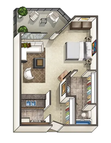 Charming studio apartment floor plan with cozy living space, compact kitchen, and a delightful outdoor patio area.
