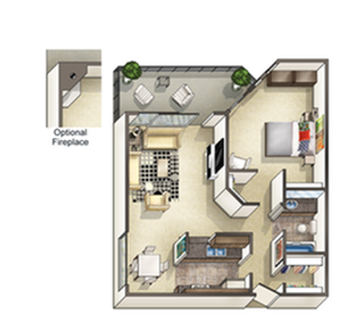 Charming floor plan showcasing a cozy 1-bedroom apartment with an optional fireplace, elegant living area, and stylish balcony.