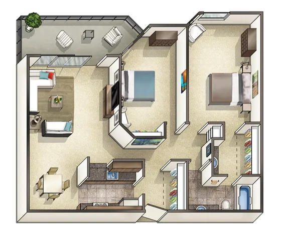 Chic 3D floor plan showcasing a modern 2-bedroom apartment with an open-concept living and dining area, a sleek kitchen, and a spacious balcony perfect for relaxation.