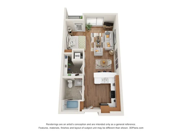 Modern 3D floor plan highlighting a cozy one-bedroom apartment with an open living area, contemporary kitchen, and convenient in-unit laundry.
