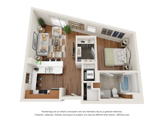 Modern 3D floor plan showcasing a cozy 1-bedroom apartment with an open-concept living and dining area, stylish kitchen, and spacious bathroom.