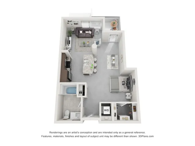 Modern 3D floor plan showcasing a stylish apartment with an open-concept living area, cozy bedroom, sleek kitchen, and a luxurious bathroom.