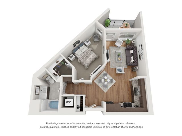 Modern 3D floor plan featuring a cozy bedroom, open-concept living area, and a stylish kitchen with breakfast bar. Includes a serene balcony space.