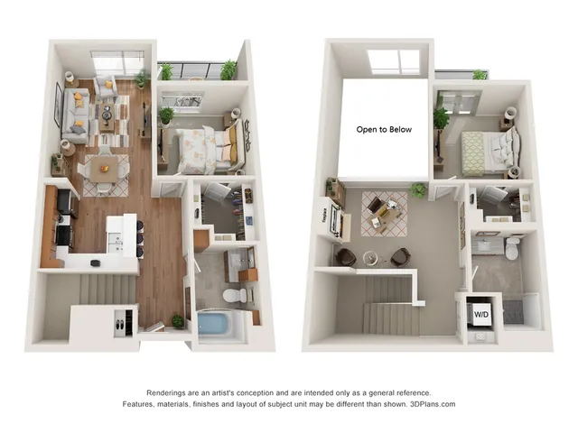 Modern two-level floor plan featuring two bedrooms, an open living area, stylish kitchen, and a cozy balcony.