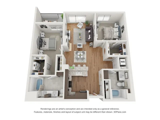 Modern 3D floor plan of a stylish apartment featuring two cozy bedrooms, an open-concept living and dining area, a contemporary kitchen, and convenient in-unit laundry.