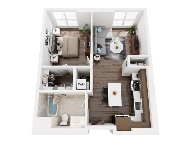 Contemporary 3D floor plan showcasing a cozy 1-bedroom apartment with open living-dining area, sleek kitchen, and elegant bathroom.