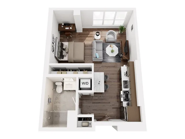 Chic open-plan apartment layout featuring a modern kitchen, cozy living area, and inviting bedroom with ample natural light.