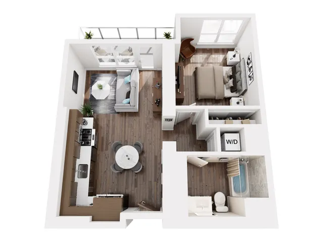 Elegant 3D floor plan with a cozy one-bedroom layout, featuring an open-concept living room and kitchen, modern bathroom, and convenient in-unit laundry space.