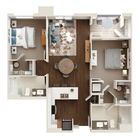 Chic floor plan showcasing 2 bedrooms, a modern kitchen, open living and dining area, and two elegant bathrooms.