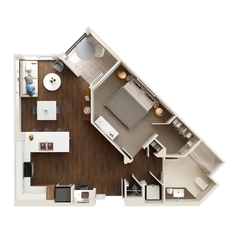 Modern apartment floor plan showcasing one bedroom, spacious living room, sleek kitchen, and inviting balcony.