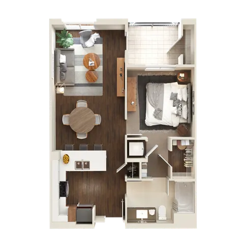 Modern 1 bedroom apartment floor plan showcasing an open-plan living area, elegant kitchen, and private balcony. Perfect for a contemporary lifestyle.