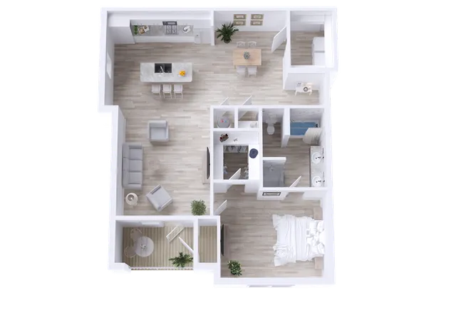 Charming floor plan featuring one bedroom, an open living area, modern kitchen with island, and patio access. Includes walk-in closet and laundry room.