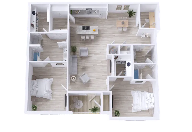 Modern floor plan featuring 2 bedrooms, open-concept living room, gourmet kitchen, computer room, and two baths, with a spacious patio/balcony for outdoor living.