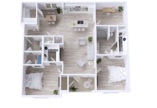 Inviting floor plan showcasing 2 spacious bedrooms, a study, and an open-concept kitchen and living area with access to a patio