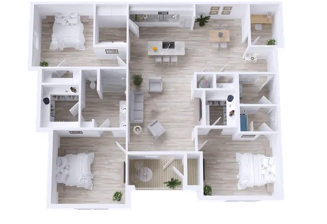Spacious 3-bedroom floor plan featuring open kitchen, two baths, cozy computer room, and private patio/balcony.