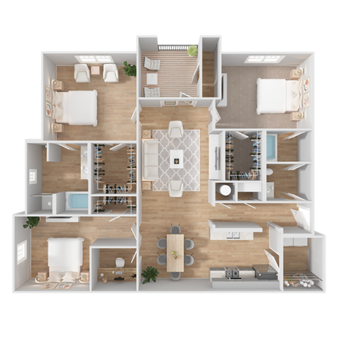 Modern 3D floor plan featuring 3 spacious bedrooms, an inviting open-concept living area, and a stylish kitchen with a dining space, perfect for contemporary living.