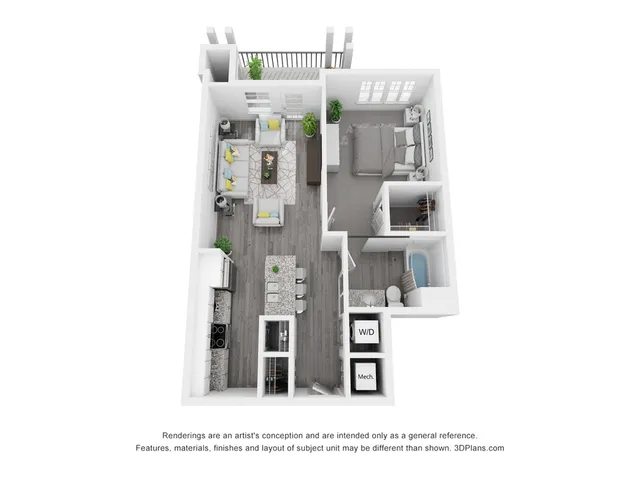 Modern 3D floor plan showcasing a spacious 1-bedroom apartment with an open-concept living area, stylish kitchen, and cozy balcony.