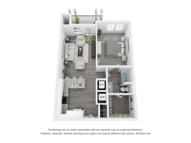 Modern 3D floor plan showcasing a spacious 1 bedroom apartment with an open living area, stylish kitchen, and private balcony.