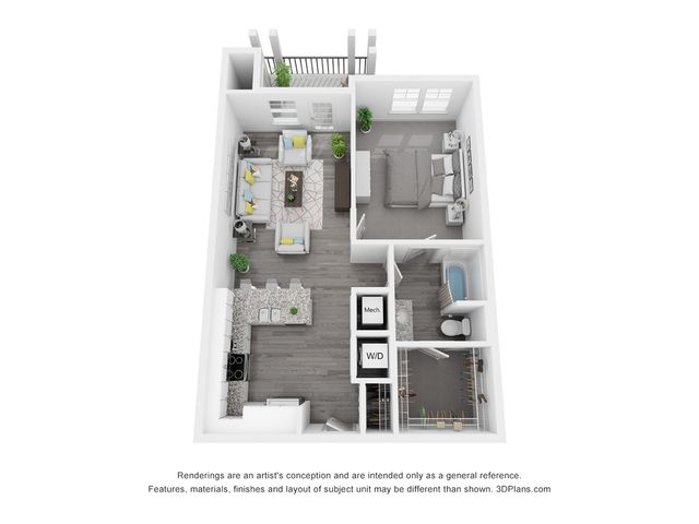 Modern 3D floor plan showcasing an inviting 1-bedroom apartment with open-concept living and dining area, stylish kitchen, and cozy balcony.