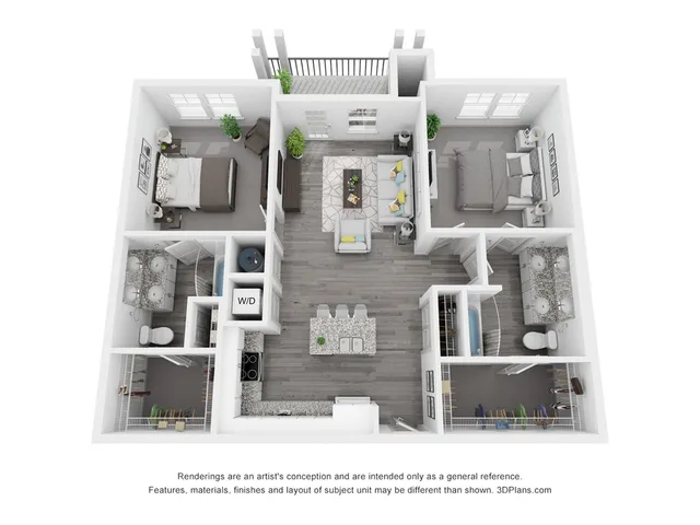 Inviting 3D floor plan showcasing a modern 2-bedroom apartment with an open-concept living area, stylish kitchen, and two elegant bathrooms.