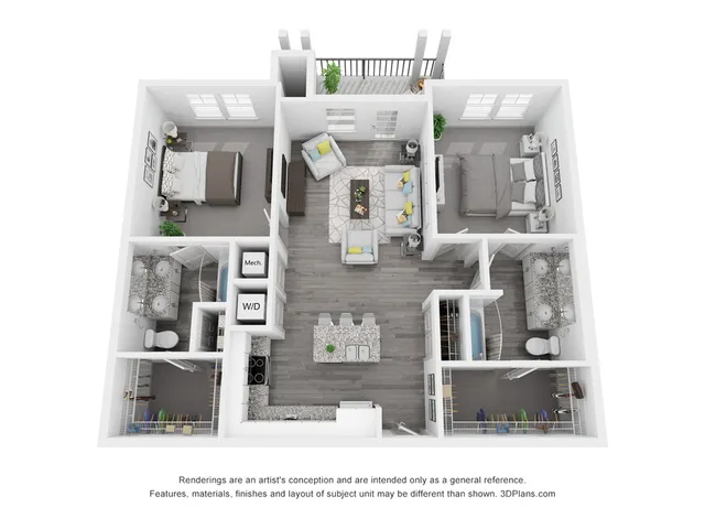 Chic 3D apartment floor plan featuring 2 bedrooms, a modern kitchen, an open living area, and private balcony access.