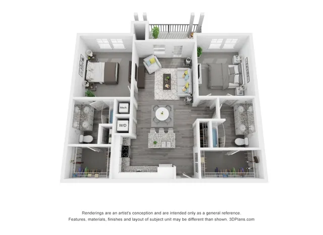 Modern 3D floor plan showcasing two spacious bedrooms, open-concept living and dining area, sleek kitchen, and two luxury bathrooms.