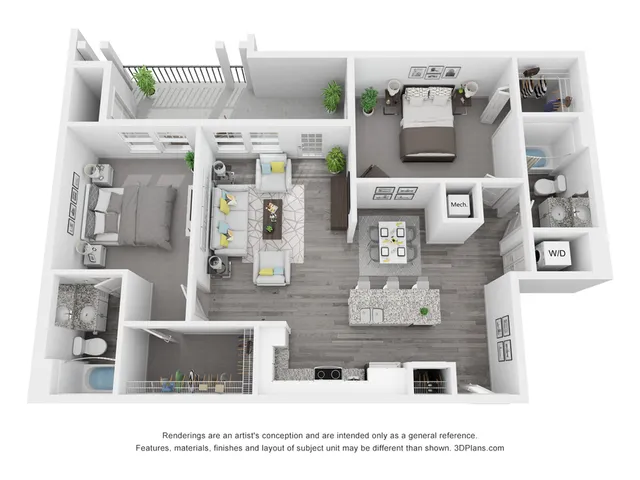 Modern 3D floor plan of a chic apartment showcasing two bedrooms, two bathrooms, an open-concept living and dining area, a stylish kitchen with an island, and a private balcony for outdoor relaxation.