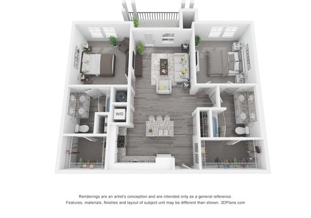 Elegant 3D floor plan showcasing a spacious 2-bedroom apartment with a sleek open-concept living area, modern kitchen, dual bathrooms, and private balcony.