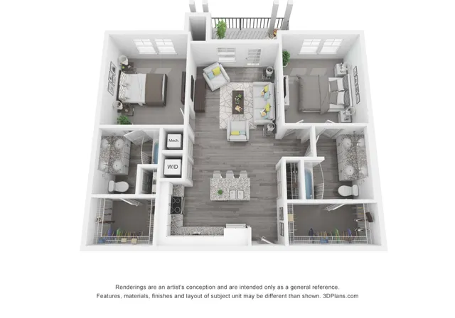 Inviting 3D floor plan showcasing 2 spacious bedrooms, a modern open-concept kitchen, and a cozy living area with balcony access.